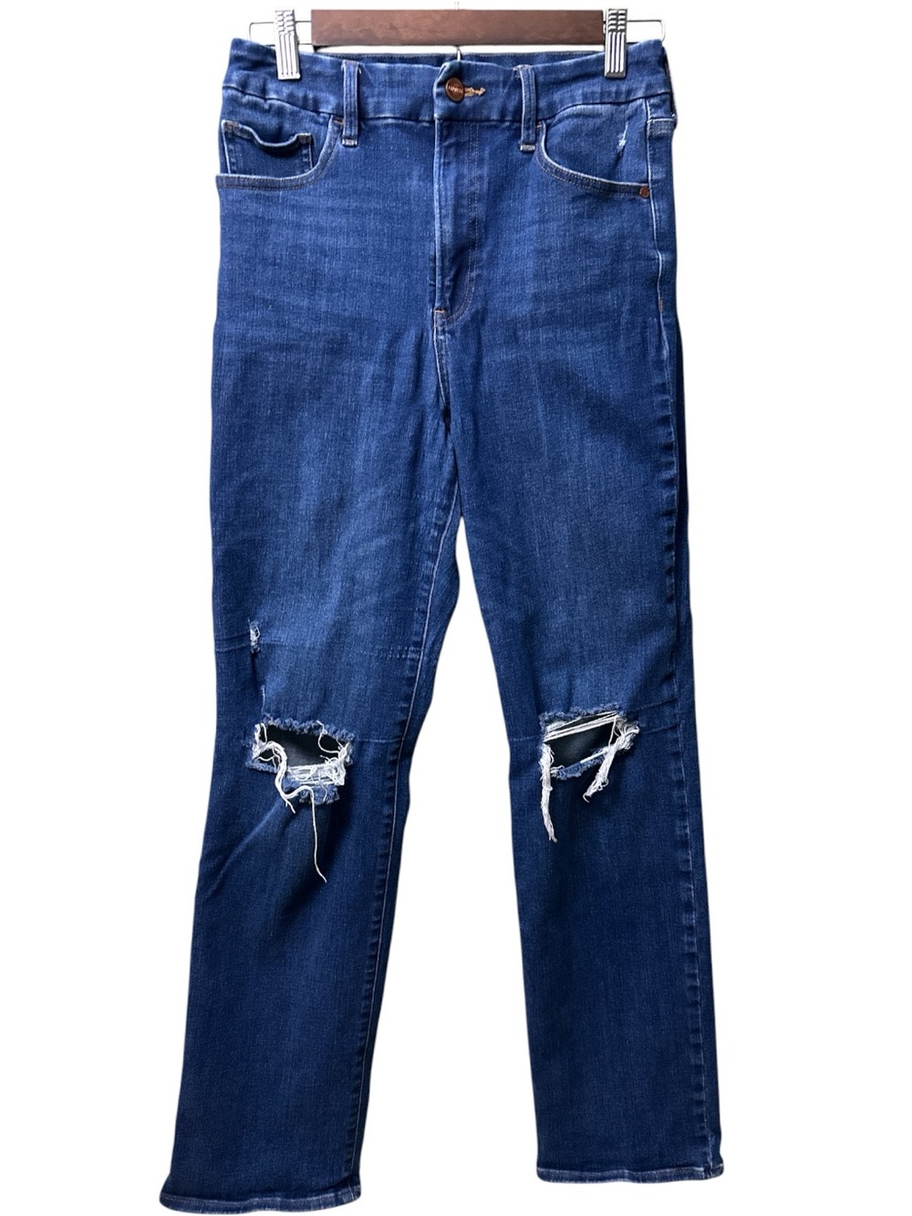 Express Women's High-Rise Distressed Dark Blue Jeans Size M 6/8/10